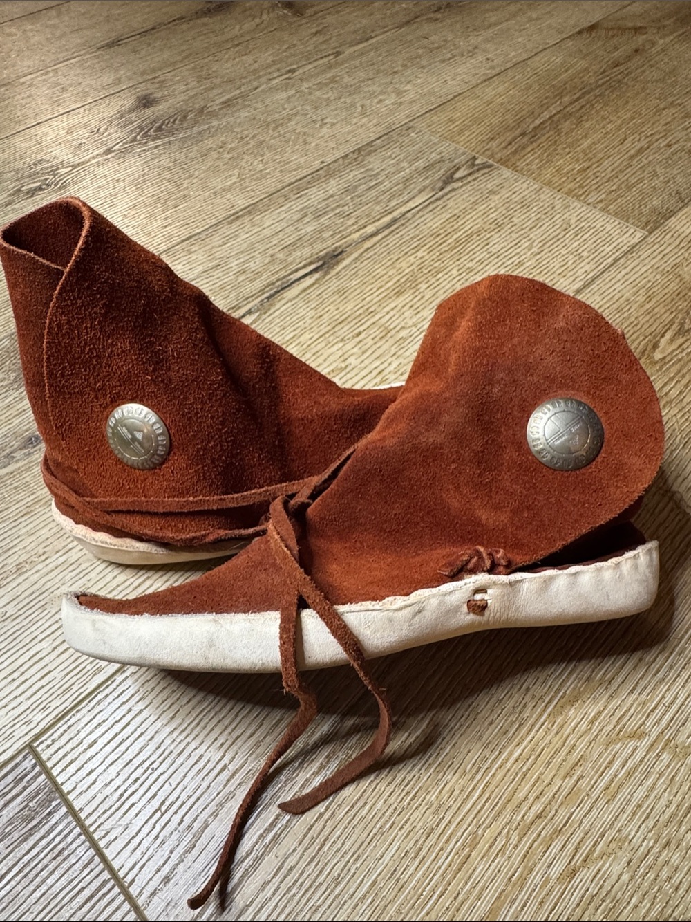 Women's vintage Pueblo Indian Rust Suede Moccasin Boots with Lace Tie and button